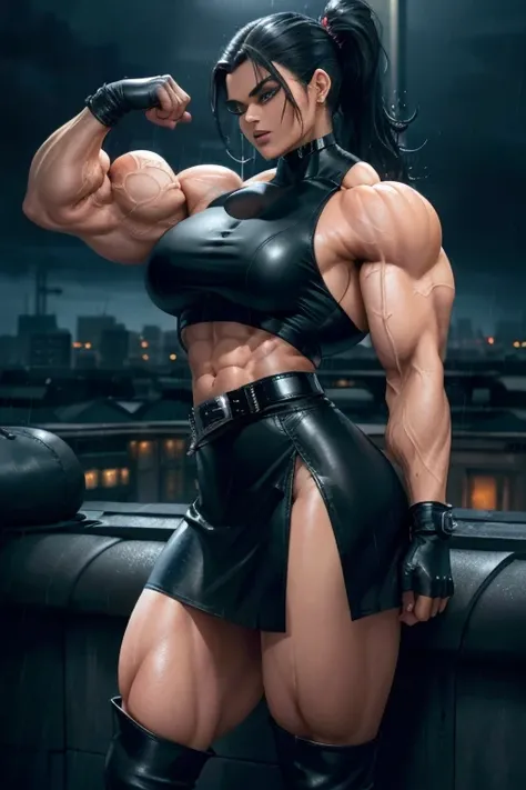 ((Close-up)), tall, (jet black hair) beautiful muscular woman, wet wavy ponytail, black skinned, smirking, (black lipstick), (massive muscles), (hyper muscle), (((ginormous bulky muscles))), white eyes, (((black leather crop top))), ((((leather formal skir...