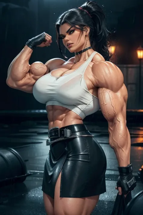 ((Close-up)), tall, (jet black hair) beautiful muscular woman, wet wavy ponytail, black skinned, smirking, (black lipstick), (massive muscles), (hyper muscle), (((ginormous bulky muscles))), white eyes, (((black leather crop top))), ((((leather formal skir...