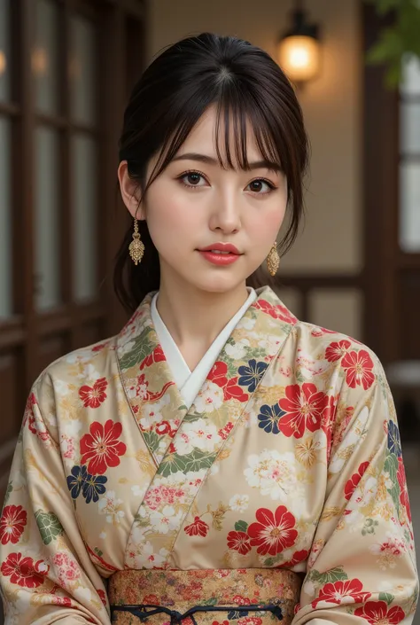 best quality, masterpiece, super high resolution, beautiful Japanese girl, Kind Face, green eyes, kind smile, Curvy Body, big boobs, updo brown hair, Japanese female Cloth Outfit, Japanese kimono, In Old Japanese-style Room, night:1.2,