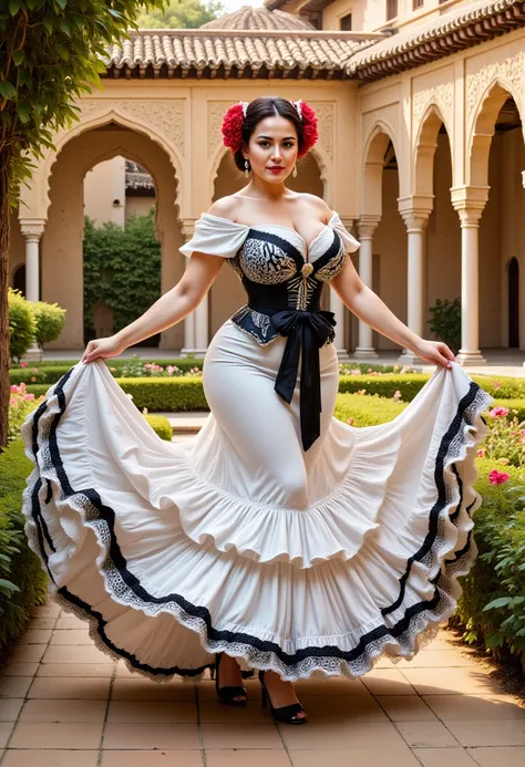 A curvy model with an attractive feminine curve spins elegantly in the flower garden at Alhambra Palace (Spain), wearing a stunning white and black Flamenco dress with lace trimmings. The fitted bodice accentuates her curvy hourglass figure, while the laye...