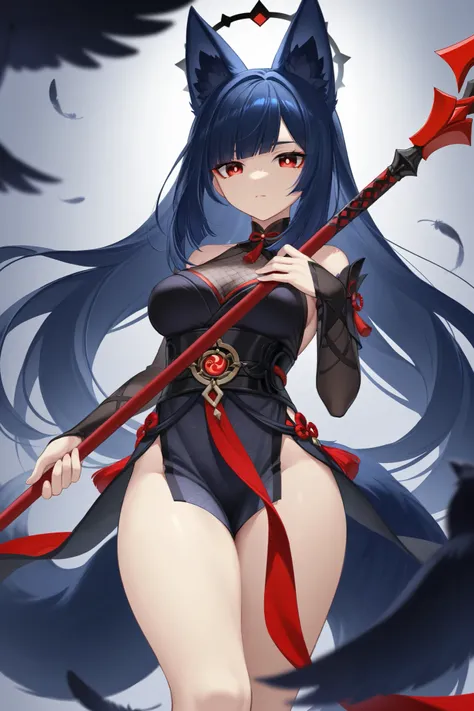  fox ears、Dark blue hair、 long hair、Fox Tail、Dos black red eyes、フード付きFeather毛Feather衣、 best thighs、 Genshin、Feather、crow、Red spear 、Halo、 beautiful skin、Clear shadows