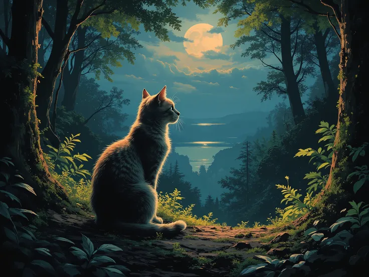 High quality paintings.Beautiful cat sitting and looking at the view.In a beautiful night forest.