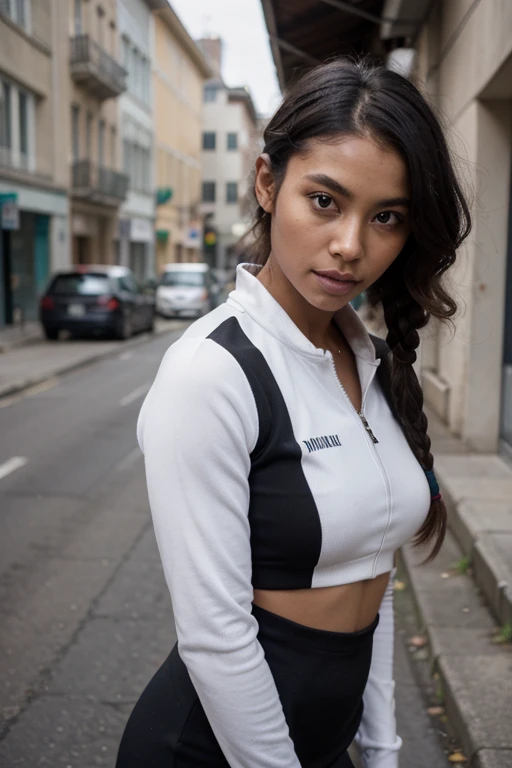 Asian black woman, very dark ebony skin, icy gaze, dreadlocks chignon, Fitness musclular body, tracksuit dress, close-up portrait, from face, street Block , (détaillé), 1girl, pull épaules dénudées, 