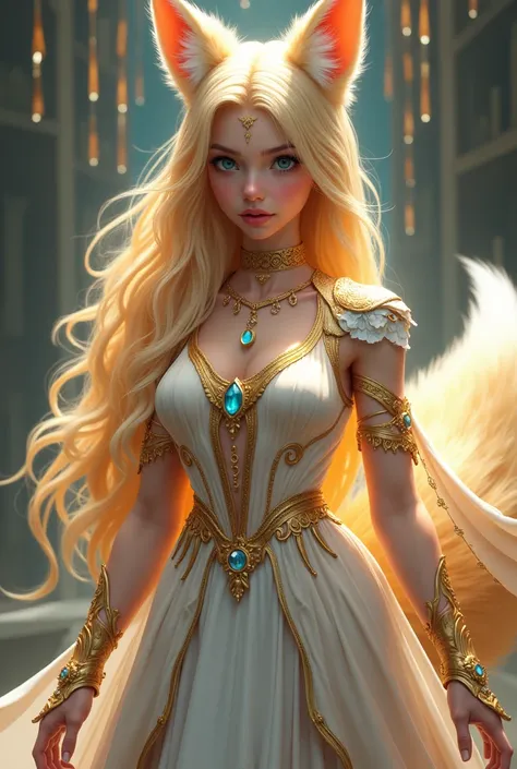  Create a realistic image of a young and beautiful woman ,  with long blond hair ,  loose and voluminous ,  blonde and hairy fox ears ,  and a large blonde tail with a white tip , flashy and fluffy .  The character wears a long dress ,  with golden details...