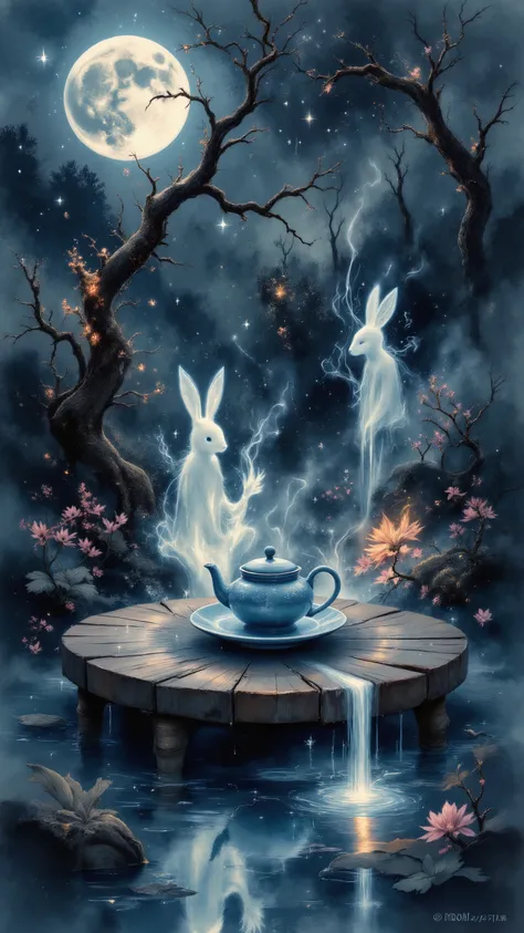Watercolor Fine, Ink Drawing, A mystical midnight tea ceremony in a moonlit forest, an ancient wooden table with a porcelain teapot, steam forming ghostly shapes of lunar rabbits and meditating spirits, tea reflecting a starry night sky, twisted tree branc...
