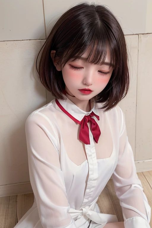 ( Masterpiece、  TOP QUALITY:1.7)、16k、()、  bob cut 、( face up shot:1.7),85mm、  Official Art、  RAW Photo  、The most beautiful face、  close-up 、 violet、 Gardenia 、((The best beautiful girl、  super cute、Baby Face))、 indoor、( sleeping on the floor :1.8)、(open l...