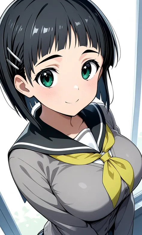 Kirigaya Suguha,  green eyes smile, Black hair, short hair, Bob Cut, blunt bangs,  hair ornament , hairclip,1girl,  school uniform , 、