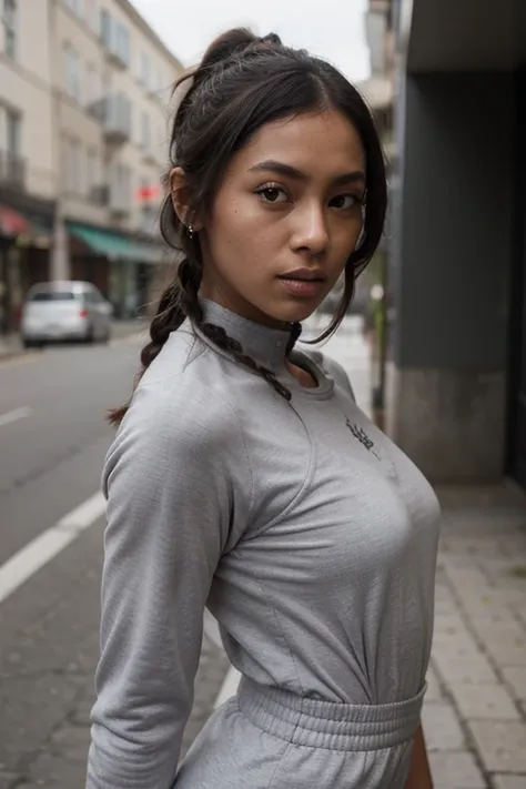 Asian black woman, very dark ebony skin, icy gaze, dreadlocks chignon, Fitness musclular body, tracksuit dress, close-up portrait, from face, street Block , (détaillé), 1girl, pull épaules dénudées, 