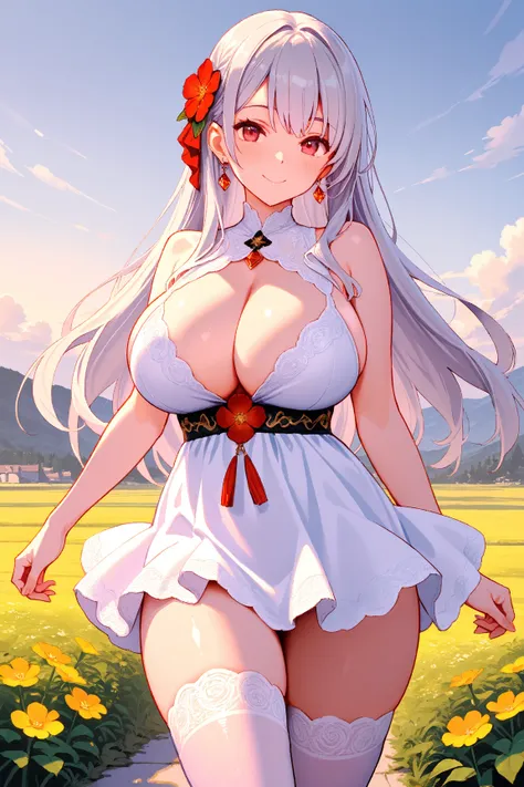 8k,masterpiece, best quality, ultra detailed, high resolution, super fine illustration, 1girl, solo, smile,red eyes, silver hair,long hair,sidelocks, huge breasts, sleeveless dress,deep cleavage, miniskirt,thighhighs, hair ornament, flower ornament, earrin...