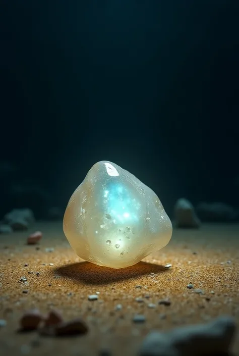 A pearl-like stone with a rustic shape, rare color , bright,  at the bottom of the sea on top of a sand,  dark and empty place 