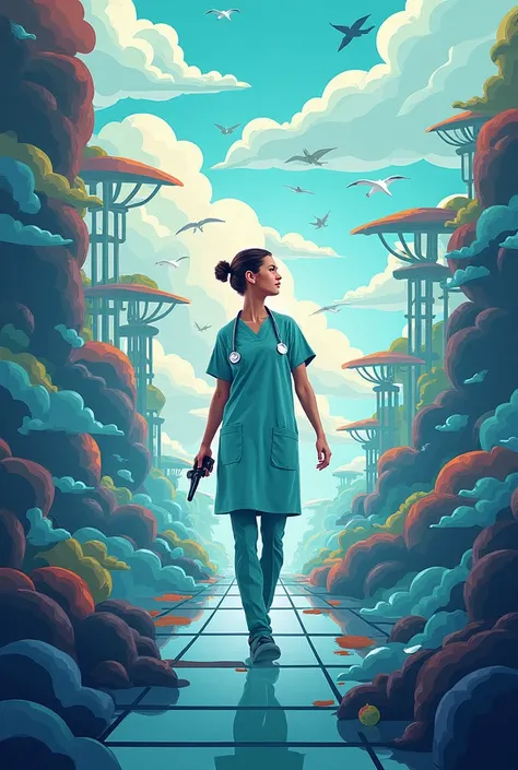 Using digital art, create an illustration on the sentence, "Nursing Informatics bridging gaps in Nursing Education, Nursing Practice and Nursing Research."