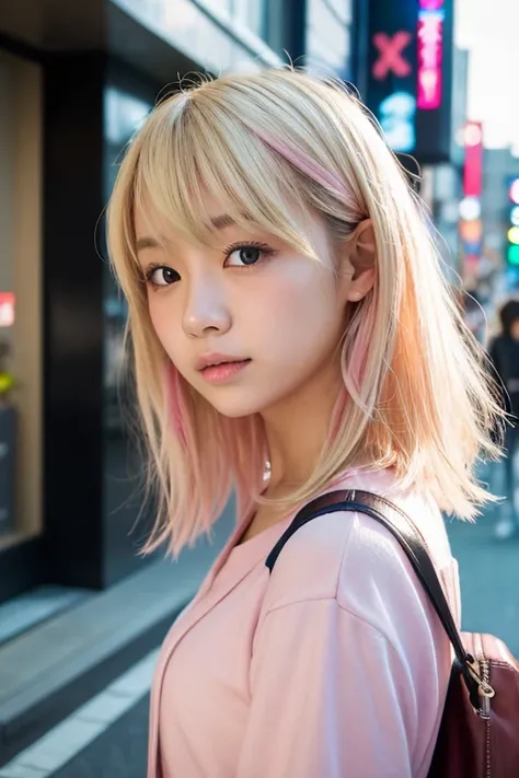 Shibuya Town、 realistic、 Japanese high school girl, ((blond)) and [[[pink]]] hair color ,highlight