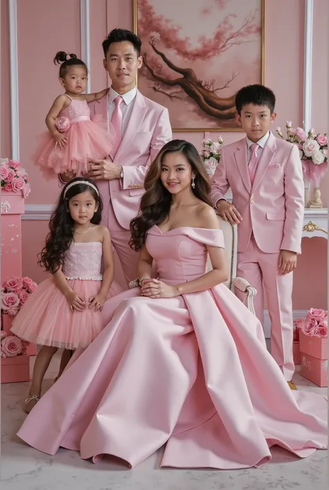 An elegant Indonesian family of five member, poses in a luxurious room with a pink-themed décor. The father wears a pink suit with a matching shirt and tie, standing while carrying his  daughter, who is dressed in a pink strapless party gown. The mother si...