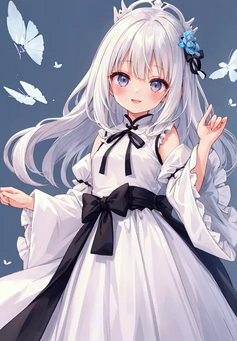  white hair、Gray Hair、 beautiful girl、 big smile 、Innocent、Delighted、cute frilly clothes、 white skin、Transparency、 cute、 cute、 girl、 adorable by design、 slender、 Slim、 high image quality、4ｋ、 medium hair、Princess、可 adorable by design、smile、 happy、 spoiled e...