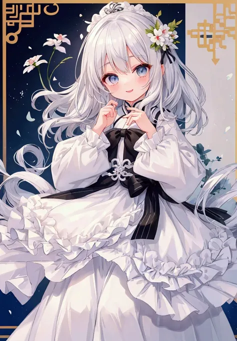  white hair、Gray Hair、 beautiful girl、 big smile 、Innocent、Delighted、cute frilly clothes、 white skin、Transparency、 cute、 cute、 girl、 adorable by design、 slender、 Slim、 high image quality、4ｋ、 medium hair、Princess、可 adorable by design、smile、 happy、 spoiled e...