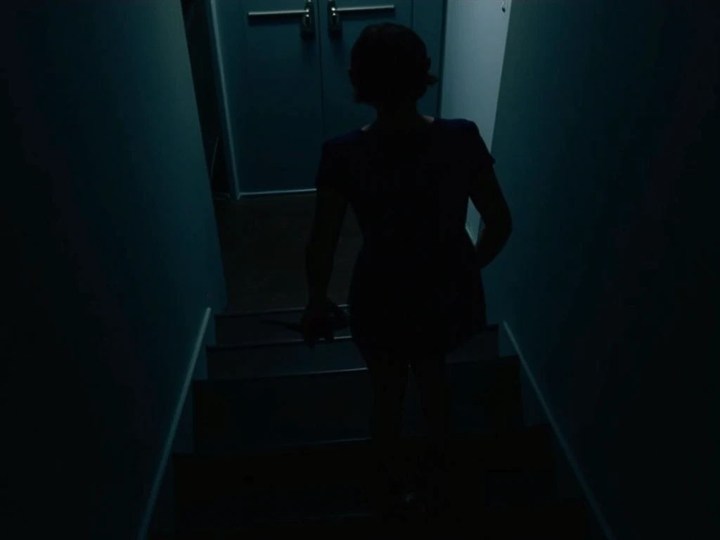 **Prompt:**  
"Laura climbs the stairs slowly, holding the knife tightly. The camera follows her from behind, showing the darkness of the upper hallway. The lighting is dim, with the hallway light flickering before going out completely. The camera shakes s...