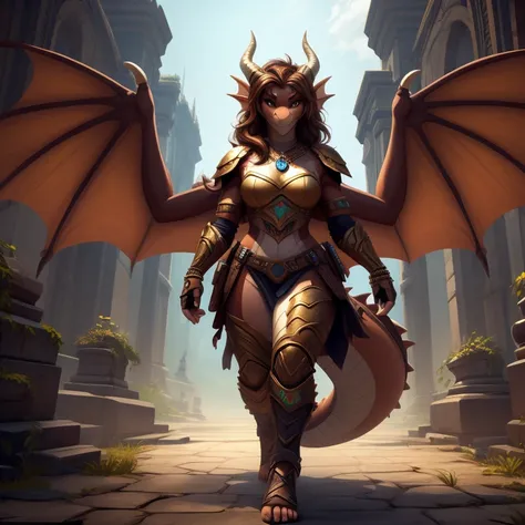 masterpiece, best quality, zzVypra, brown hair, fake horns, female, beautiful, curvy, brown hair, helmet, gloves, jewelry, upper body, dragon wings, fingerless gloves, armor, bracelet, powerful walking towards camera,    