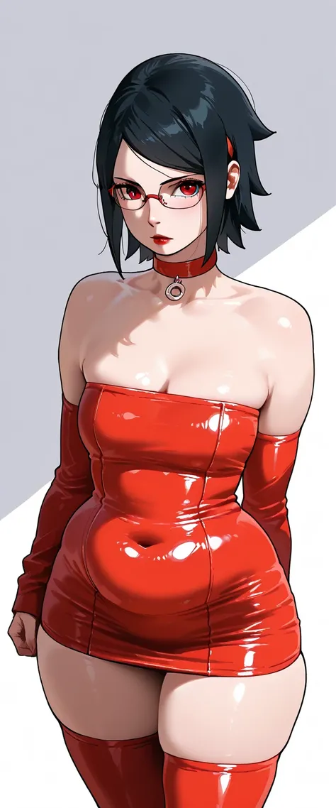 ((best quality)), ((masterpiece)), (detailed), sarada uchiha ,  hot and sexy nude woman  having massive boobies and thick thighs, voluptuous figure, belly folds, chubby body, black hair, red lips, short hair, glasses,  bent body, bright sunshine, looking a...