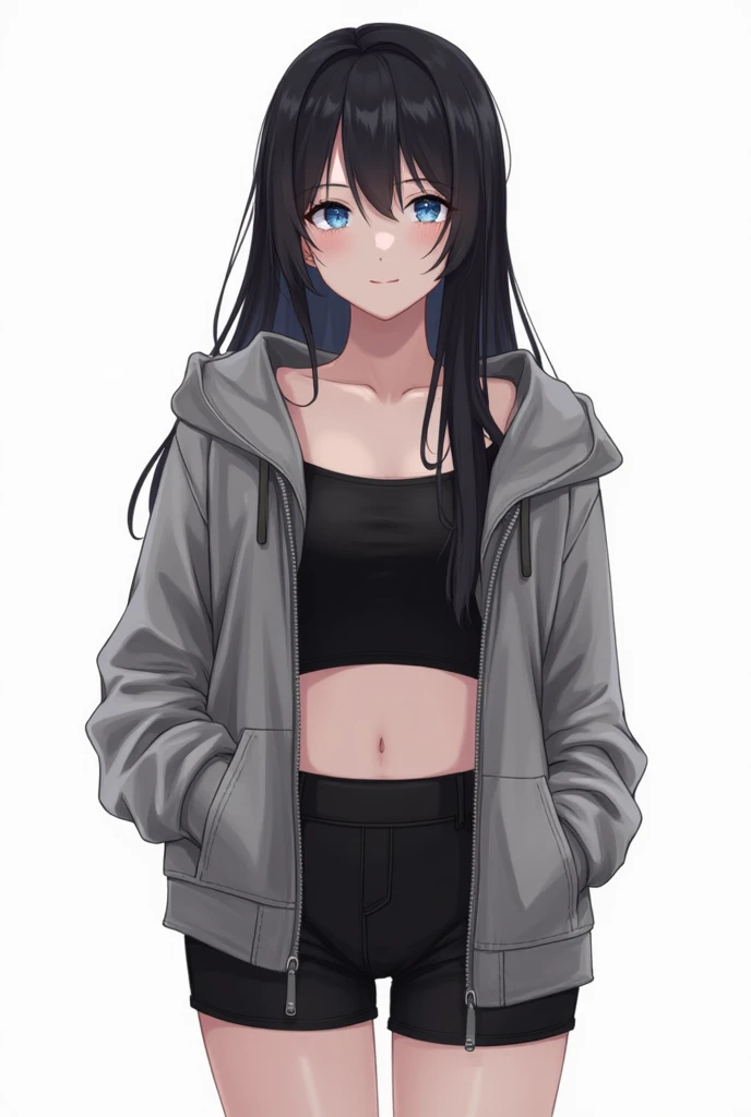 Depict a young woman with long dark hair and blue eyes wearing short black dolphin pants with a black crop on the inside, a semi-transparent zip-up hooded on the outside, over her shoulders, and short black dolphin pants.