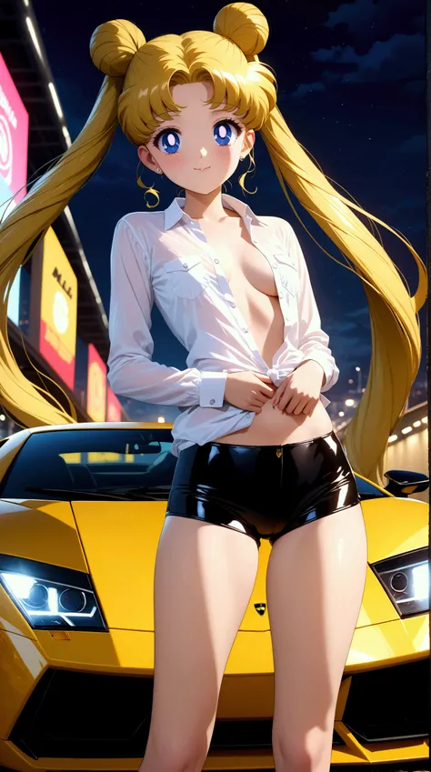 (masterpiece, best quality, very aesthetic, cowboy shot, ultra detailed), intriguing details, 1girl, aausagi, smile, blonde hair, double bun, twintails, blue eyes, small breasts, white open shirt, black latex mini shorts, bare legs, Lamborghini Murcielago,...