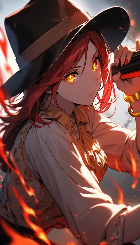 girl, female, solo, black and red hair, normal hair, glowing eyes, golden bracelet, fedora hat, beautiful color, high detail, sparkling eyes, cowboy blouse, mature, aiming,red burning sniper, cool pose, half eyes, half side view