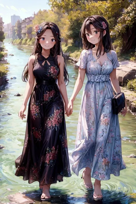 Masterpiece, best quality) 2 girls friends long hair, floral long formal dress, outdoors, im the river, full body, smilling