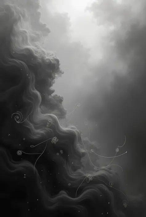 Create a background using only black, white, and subtle ornaments, resembling smoke or grayish clouds. The texture should be soft and diffused, with wisps of smoke or gray clouds blending into shades of gray, white, and black, evoking a mysterious or ether...