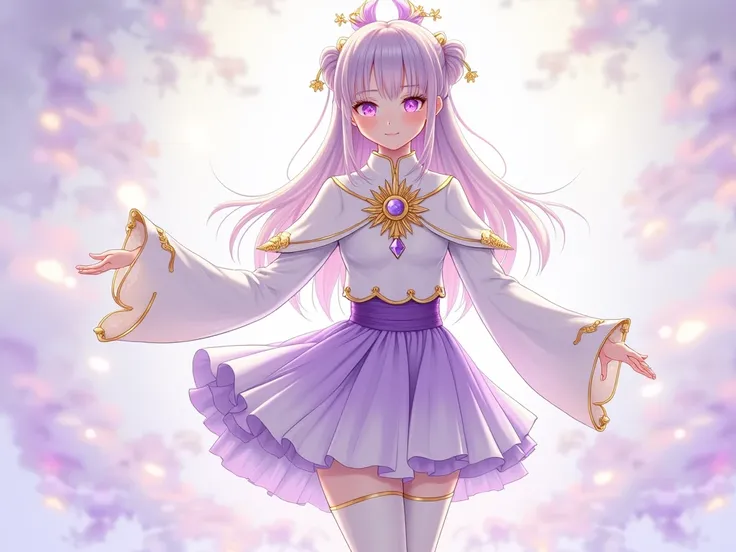  The shoes are light purple low-heeled small leather shoes ， exudes a warm and healing atmosphere, showing shyness and humility like a girl。 hers The costume combines the aesthetics of magical girls and healing characters ，Mainly white 、 with light purple ...