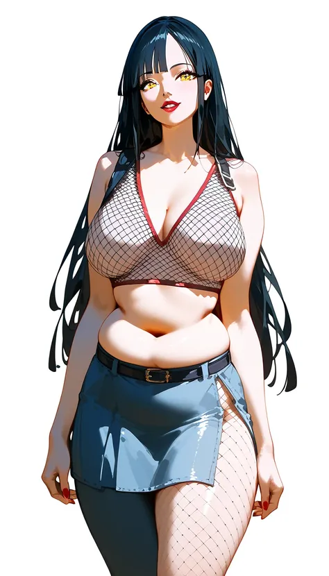 ((best quality)), ((masterpiece)), (detailed), hinata ,  hot and sexy nude woman  having massive boobies and thick thighs, voluptuous figure, belly folds, chubby body, black hair, red lips long hair, bent body, bright sunshine, looking at viewer, wide hips...