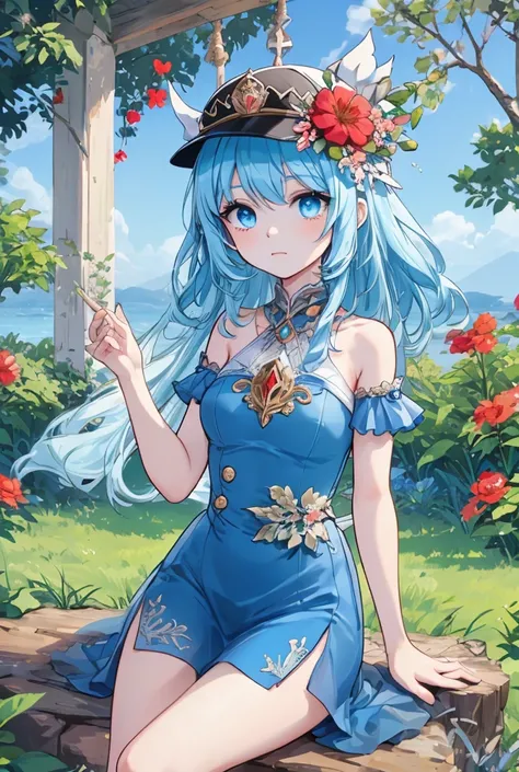  a girl,   long hair, (  Brown hair1 .2), ( blue hair0 .9),  blue eyes,  pretty face,   looking at the camera ,  (( big red flower on the head)), gorra white with blue, ((gorra white)), [[blue cap]]   blue dress   ((  blue shirt )), [[  white ]],  anime t-...