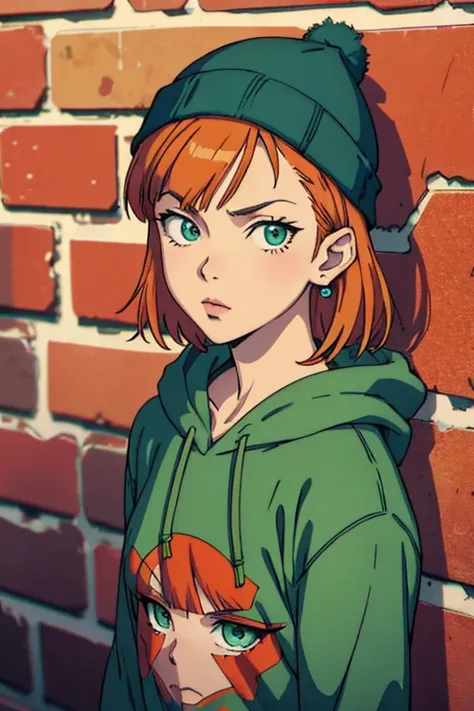 80s anime, (masterpiece, best quality, 1girl, solo, intricate details, chromatic aberration), realistic, ((small breath)), medium hair, orange hair, red head ornament, pink highlights, short bangs, Green eyes, noise stud,  earrings, sharp eyes, green hoodi...