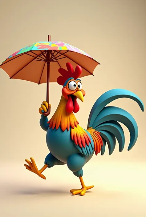 a 3d cartoon-like drawing of a funny rooster with colorful feathers dancing with a colorful umbrella