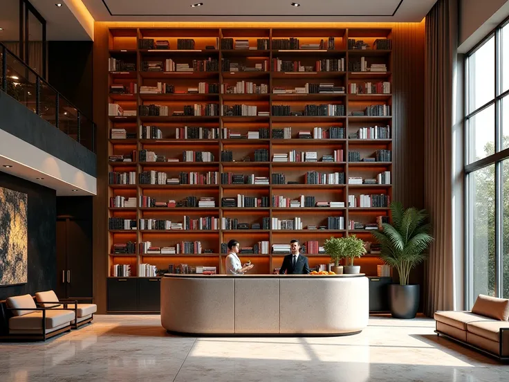 Modern hotel reception with books 