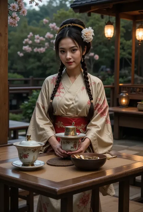 A serene moonlit tea ceremony, detailed porcelain teacups, elegant geisha in traditional kimono, lush Japanese garden, ornate wooden pavilion, soft lighting, delicate cherry blossoms, tranquil atmosphere, beautiful detailed eyes,beautiful detailed lips,ext...