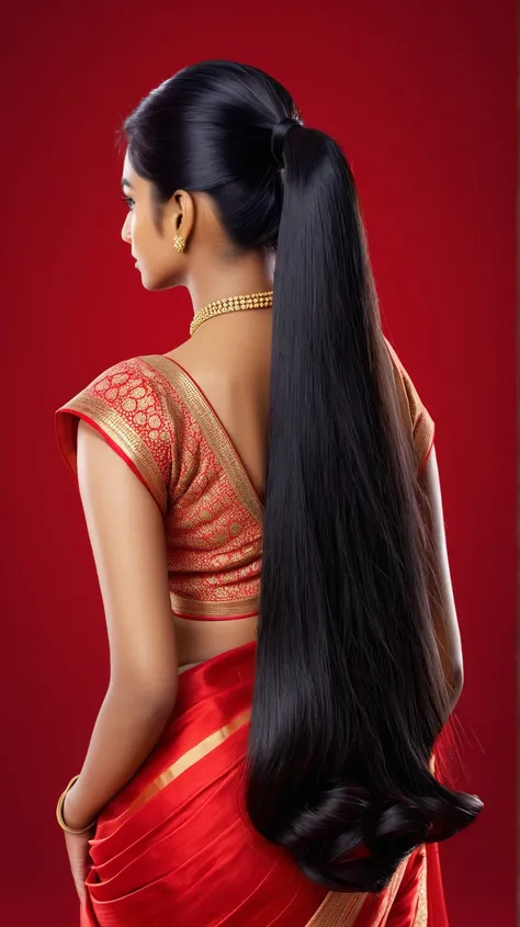 A Indian woman saree longhair back-view black hair thick ponytail Silky longhair ponytail thick Silky longhair prefect ponytail Flipped ponytail Flipped silky hair 8K Ultrarealistic Ultra detailed  redscreen background thickponytail 