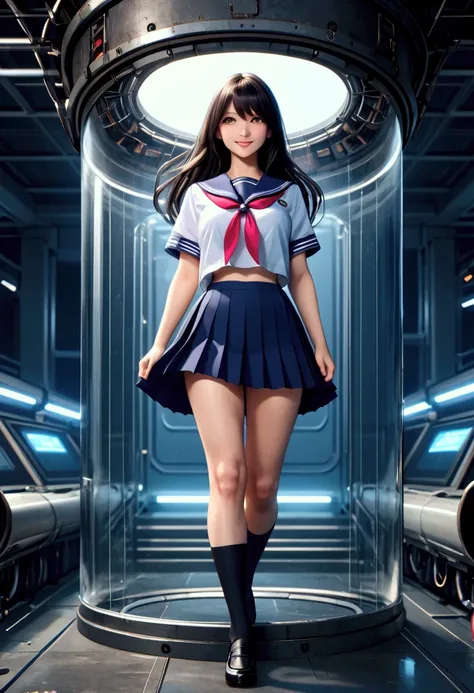 girl in a glass tank, inside glass tank, Glass tank placed in a dark room, Background inside UFO, machine are around the glass tank, smiling, walking, looking away, long hair, school uniform, full body, Short sleeve, pleated skirt, sailor Clothing, black s...