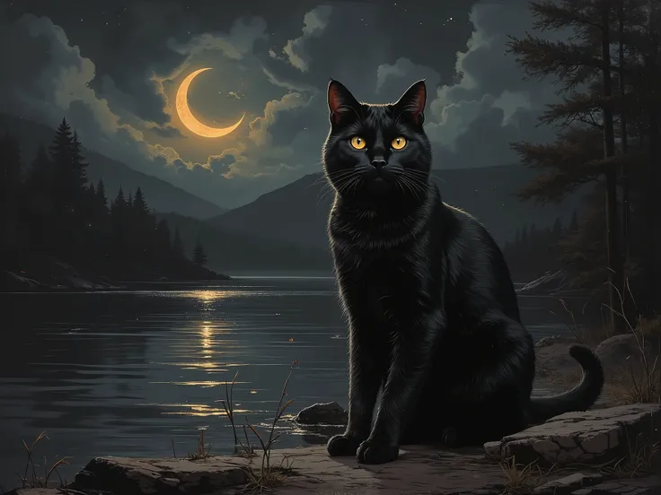 High quality paintings.A beautiful black cat sits on the shore of a lake at night with a crescent moon and looks at you with golden eyes.