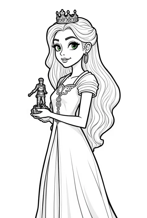 Create the following black and white Pixart-style coloring book image of a princess named Salome with long hair ,  slanted eyes color green, white skin and a princess crown  .  In her hands she carries a small realistic soldier 