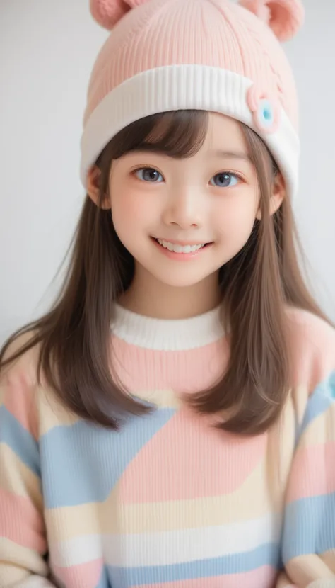 (best quality, ultra high resolution, realstic:1.7), (very young girl:2.3), japanese beauty, lovely face, light smile, beautiful eyes, animal beanie, multicolored sweater, looking viewer