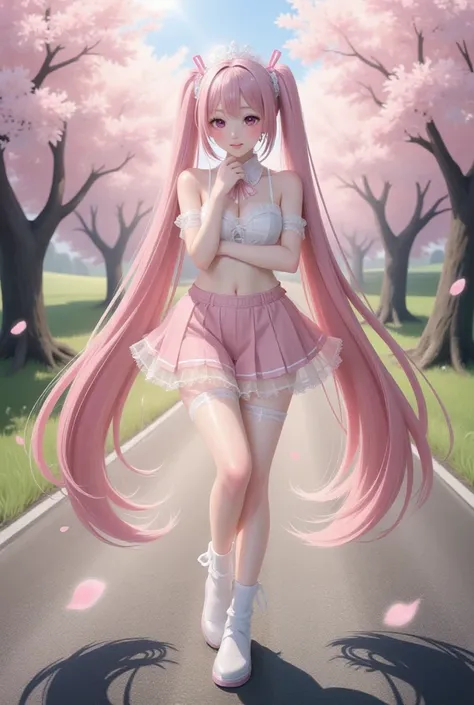 1girl, solo, long hair, looking at viewer, skirt, shirt, long sleeves, hat, holding, twintails, very long hair, standing, full body, white shirt, pink hair, flower, outdoors, shoes, socks, pink eyes, bag, arm up, tree, black headwear, shadow, standing on o...