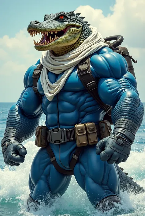 (A rugged beefy extremely muscular bulky angry crocodile man), (wearing blue fully-zipped fullbody wetsuit), fist up pose, wearing harness, wearing bulky scuba gear, wearing white hero scarf, muscular physique, toned muscles, fierce, heroic, action, comic ...