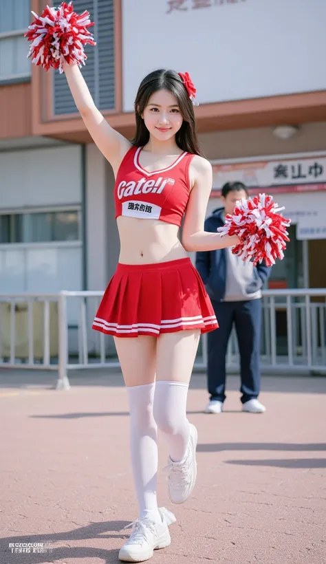 A Japanese cheerleader is dancing with pom-poms. smile