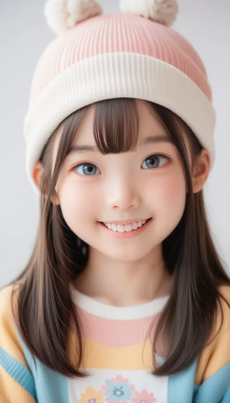 (best quality, ultra high resolution, realstic:1.7), (very young girl:2.3), japanese beauty, lovely face, light smile, beautiful eyes, animal beanie, multicolored sweater, looking viewer