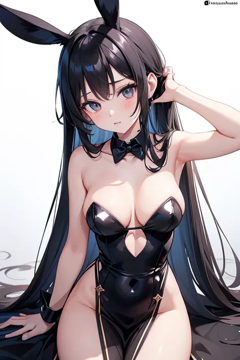 alone girl,  sensual and provocative,  girl rabbit, ears and white tail ,  wearing a long black dress (sexy and very provocative ),  anime style 