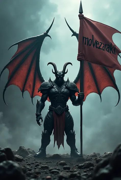 The demon is winged, horned, wearing armor, holding a flag written as MoveZaraki, dark light.