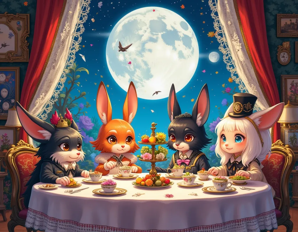 (masterpiece, best quality:1.2),Tea party with cute animal characters、（ big window）、( full moon)、[[[antique furniture ]]]、 Reflection of Moonlight 、 warm atmosphere、 fun vibe 、strong color, stylish anime,shading and contrast,8k