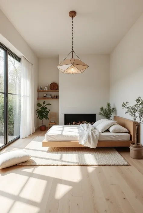 "Airy, light-filled bedroom with pale oak flooring and soft pastel walls. A floating bed with organic linen bedding, modular wooden shelving, and a statement geometric chandelier. Add floor cushions, indoor plants, and a minimalist fireplace for cozy hygge...