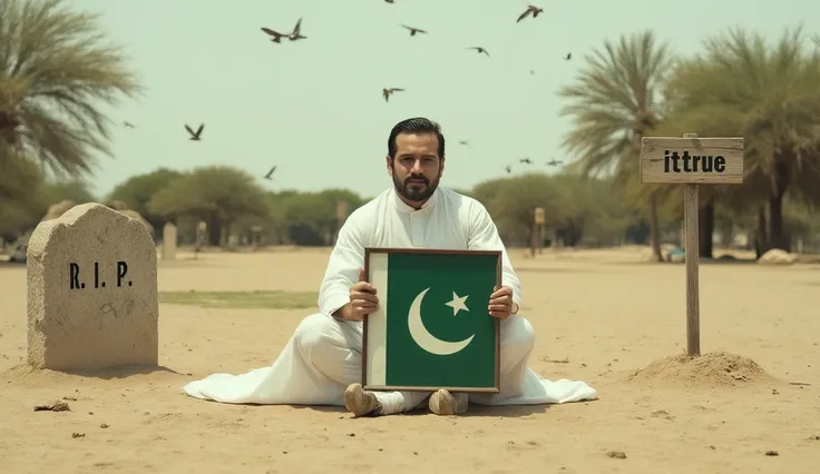 Create a YouTube thumbnail featuring a person sitting in a desert-like environment, wearing a white outfit, and holding a framed picture of the Pakistani flag. In the background, include a gravestone with 'R.I.P.' written on it to the left and a wooden sig...