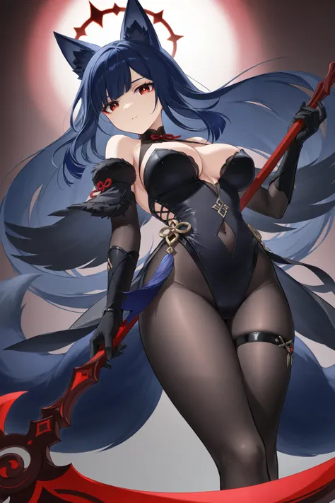  fox ears、Dark blue hair、 long hair、Fox Tail、Dos black red eyes、フード付きFeather毛Feather衣、 best thighs、 Genshin、Feather、crow、black scythe、Halo、 beautiful skin、Clear shadows、 black tights