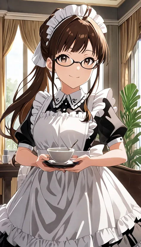 ((( highest quality, 8k,  Masterpiece: 1.3)), (( highest quality)), (( Masterpiece)), (  Details),  perfect face, Long black haired maid, She is looking at me, smile,  Frilled Maid Outfit.  She serves in the royal family ,  high resolution,  textured skin,...